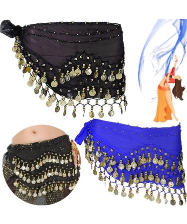 2 pieces of chiffon hip cloth Belly dance Belt belly dance costume hip cloth with coins belt skirts belt oriental dance women belly dance silk scarf sequels total length approx. 150 cm (black blue)