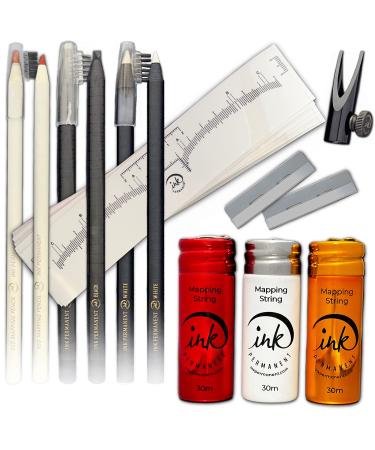 Eyebrow Mapping Kit with White  Red  and Gold Brow Mapping String   100ft/ 30m   Red  Black  and White Eyebrow Pencil  Peel Off Mapping Pencil Set with Eyebrow Pencil Sharpener - Eyebrow Shaper and 10 Eyebrow Ruler  Micr...