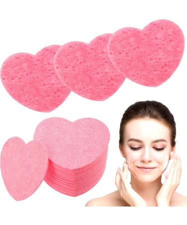 100 Pieces Heart Shape Facial Sponges Compressed Natural Cellulose Sponge Reusable Cosmetic Makeup Remover Sponge Face Cleansing Natural Sponge for Face Cleansing Exfoliating (Pink)