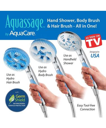 High Pressure 6-in-1 Aquassage by AquaCare - 76-mode 3-way Combo  Showerhead  Hand Shower  Body Brush  Hair Brush & Arm in One! Two Brackets  Extra-long 6 foot Stainless Steel Hose  Brush Head Holder All-chrome - Buy Online on SooperMarket.com