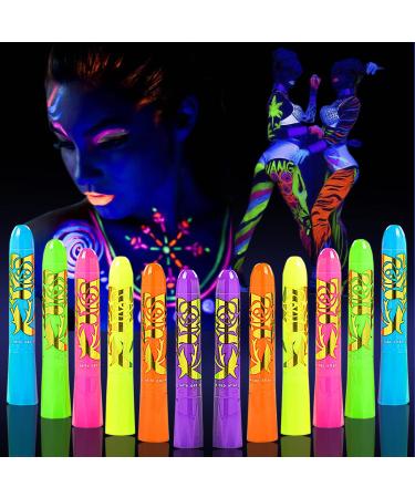 12 Pcs Glow in The Dark Face Body Paint, UV Black Light Glow Makeup Kit for Kids Adult, Non-Toxic Fluorescent Face Paints Crayons for Birthday Party Halloween Masquerade Makeup
