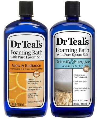 Dr Teal's Foaming Bath Combo Pack (68 fl oz Total) Glow & Radiance with Vitamin C & Citrus Essential Oils and Detoxify & Energize with Ginger & Clay. Treat Your Skin Your Senses and Your Stress.