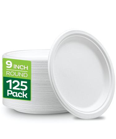 100% Compostable 9 Inch Heavy-Duty Plates 125-Pack Eco-Friendly Disposable White Bagasse Plate, Made of Natural Sugarcane Fibers - 9" Biodegradable Paper Plates by Stack Man 9'' Round