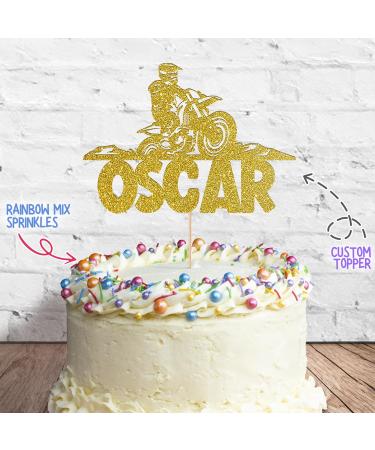 Cakeshop Cake Decoration Pack | Motorcross Dirtbike Theme Premium Double Sided Glitter Card Cake Topper & 25g Party Pack of Cake Sugar Sprinkles | Custom Name Cake Decorations (Gold) Prime Glitter Card: Gold - Buy Online on SooperMarket.com