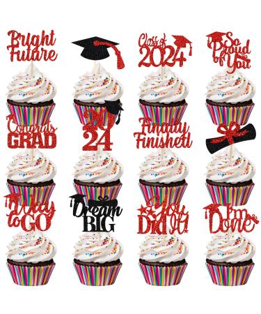 Red and Black Graduation Cupcake Toppers for 2024 Graduation Party Decorations