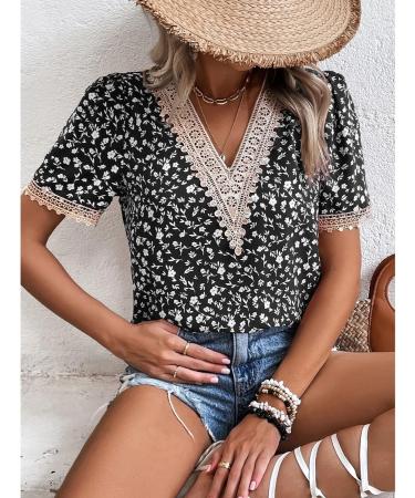Naroote Womens Blouse Easy Matching Womens T Shirt Casual Lace Stitching Casual V-Neck for Beach XX-Large Black - Buy Online on SooperMarket.com