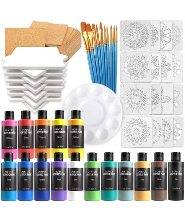 Ceramic Tiles for Crafts Coasters Kit  12 Ceramic White Tiles  Cork Backing Pads  16 Reusable Craft Stencils  Acrylic Paint  Paint Pallet  Brushes  Pallet Tile Coaster Pouring Bundle