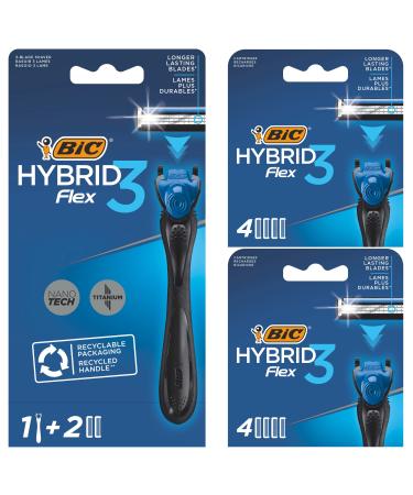 BIC Hybrid 3 Flex Refillable Men's Shaver, 90% Recycled Plastic Handle and 10 Triple-Blade Refills with Lubricating Strip - Bundle of 1+10