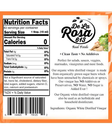 De La Rosa Organic Distilled White Vinegar 32oz - Raw & Unfiltered | Vegan, Gluten-Free, Kosher | Perfect for Salads, Dressings, Marinades | 32 Fl Oz - Buy Online on SooperMarket.com