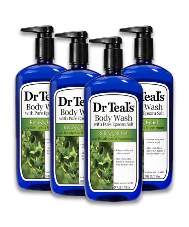 Dr Teal's Epsom Salt Body Wash 4-Pack (96 Fl Oz Total) Relax & Relief with Eucalyptus & Spearmint
