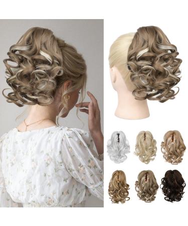 REECHO 9" Short Ponytail Extension Classic Loose Curly Wavy Claw Clip Pony tails Hair Extensions HP001 Hairpieces for Women - Ash Brown with Platinum Highlights