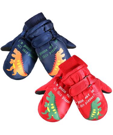 SATINIOR Toddler Mitten Gloves Waterproof Kids Mittens Winter Snow Glove Boy Girl Waterproof Warm Fleece Kid Ski Gloves Breathable Long Cuff Children Gloves Age 2-5 Red, Navy Blue 2