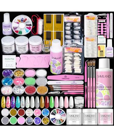 Saviland Acrylic Nail Kit: Professional Acrylic Nail Set for Practice Acrylic Powder and Liquid Set 3 Colours Acrylic Powder Acrylic Liquid Acrylic Nail Brush Nail Supplies for DIY Acrylic Nails 02-acrylic set with nail accessories