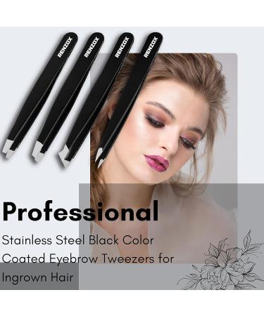 Renzox 4pcs Tweezers for Facial Hair Women & Men Hair Removal Eyebrow Tweezers Professional Stainless Steel Black Color Coated tweezer Set Slanted & Pointed Tip for ingrown Hair with Leather Pouch - Buy Online on SooperMarket.com