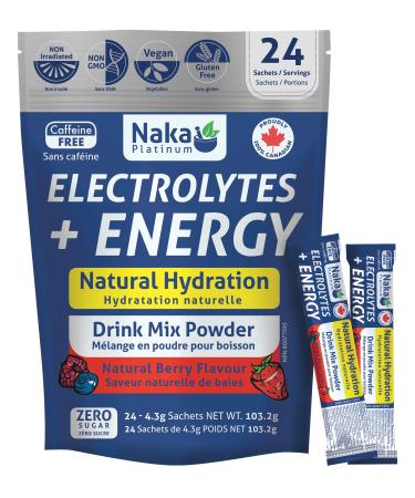 Naka Electrolytes + Energy Natural Hydration Drink Mix powder Berry Flavour Caffeine Free Botanical Boost with Beetroot Hawthorn Berry and Ginseng Made in Canada (24 sachets)