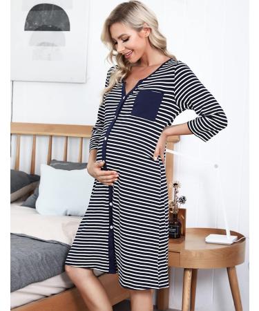 Marvmys Maternity Nightdress - 3/4 Sleeves Nursing Nightgown for Breastfeeding - V Neck Pajama Loungewear in Navy Blue - Buy Online on SooperMarket.com