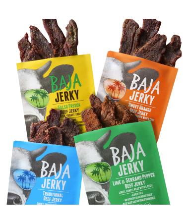 Baja Beef Jerky Sampler Pack - Beef Jerky Variety Pack, Gluten Free Craft Jerky, 10g Protein, Low Calorie, 100% All Natural Beef Jerky, No Nitrates or Hormones - Variety, 2.5 Oz Bags (Pack of 4) 4 Pack Sampler