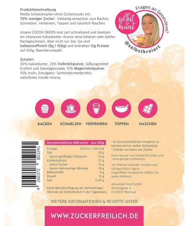 Cocoa Drops White 500g - Sugar-Free White Chocolate Drops with Erythritol & Stevia - 70% Less Sugar Calorie-Conscious Treats - Buy Online on SooperMarket.com