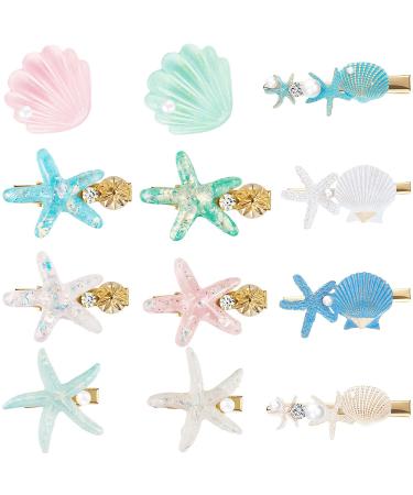 12 Pieces Artificial Shell Pearl Starfish Hair Clip Set Resin Alligator Hair Clips Seashell Hair Clips Princess Clip Beach Mermaid Hairpin Headwear Styling Hair Accessories for Girls Women Ladies