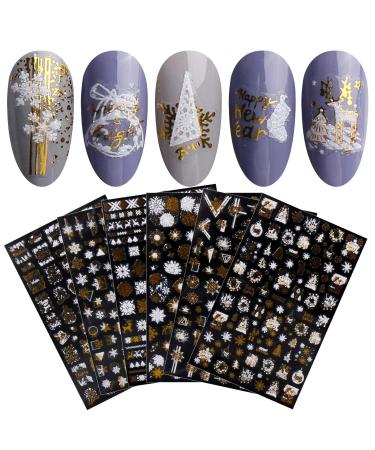 JMEOWIO 8 Sheets Christmas Glitter Nail Art Stickers Decals Self-Adhesive Snowflake Xmas Winter Holiday Cute Gold White Nail Supplies Nail Art Design Decoration Accessories Glitter White Gold