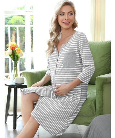 Marvmys Maternity Hospital Breastfeeding Nightdress | 3/4 Sleeves Nursing Nightgown | V Neck Pajama for Pregnant Women - Light Grey - Buy Online on SooperMarket.com