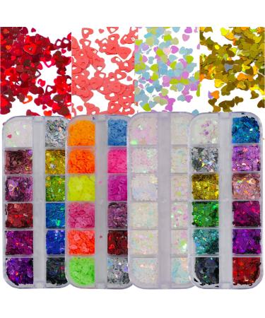 4 Boxes Heart Nail Glitter Sequins Holographic Heart Butterfly Star Chunky Glitter Flakes Acrylic Nail Sticker Decor for Nails Art/Resin/Crafts/Makeup Heart Glitter