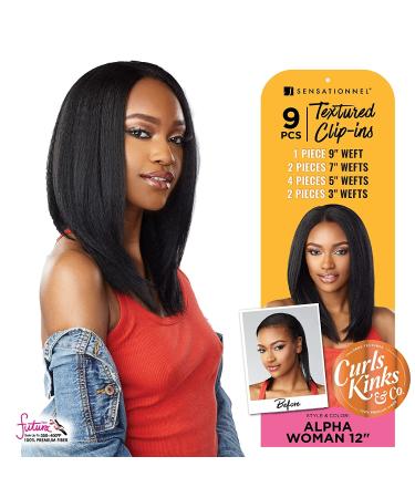 Sensationnel Clip in Alpha Woman - CKandco 12 inch Textured Clip in 9 Piece Pack Adds Volume Protective Style - Curls Kinks and Co Alphawoman 12 - (1B)