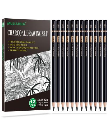 MUJINHUA Professional Charcoal Pencils Drawing Set - 12 Pieces Soft Medium & Hard Charcoal Pencils for Drawing Sketching Shading Ideal Artist Pencils for Beginners & Artists 12 Pack - Black