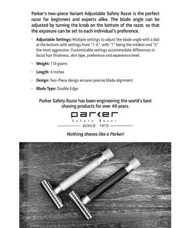 Parker Variant Adjustable Double Edge Safety Razor with 5 Premium Blades - Customize Your Shave with Dial Adjustment (Satin Chrome) - Buy Online on SooperMarket.com