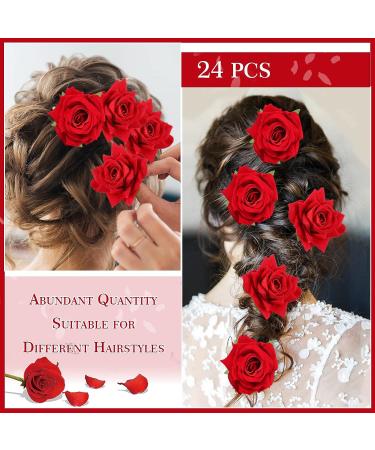 24 Pieces Red Rose Flower Hair Clips and Brooches for Women and Girls - Elegant Boho Floral Hair Accessories - Buy Online on SooperMarket.com