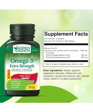 Adrien Gagnon - Omega 3 Extra-Strength (400 mg EPA + 200 mg DHA) 1000 mg Cognitive Cardiovascular and Joint Support. 180 (120+60 Bonus) Softgels - Buy Online on SooperMarket.com