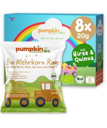 Pumpkin Organics Children's Nack Bio Multi -grain rings made of corn millet rice quinoa and oats (8 -pack) baby snacks without additives from the 8th month - allergen -free and gluten -free crispy snacks (8x20g)