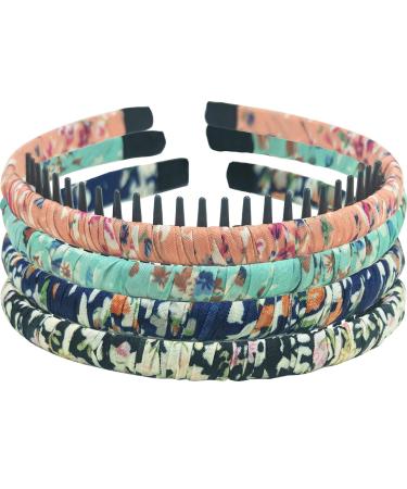 4pc Fashion Bohemia Thin Hairband Headband with Resin Comb Teeth Hair Hoop for Women and Girls Floral  Pink+Navy+Green+Black