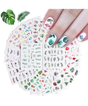 Kalolary 29Pcs Nail Stickers Water Transfer Fresh Nail Decals for Nail Art, Butterfly Palm Leaf Flower Nail Design Stickers for DIY Nails Design Manicure Tips Decorations