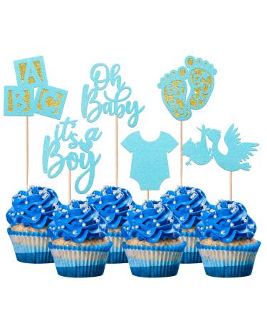 24 Pack Baby Boys Cupcake Toppers It's a Boy Cupcake Toppers Glitter Pacifier Onesie Jumpsuit Bow Gender Reveal Cupcake Picks Welcome Baby Shower Cake Decorations for Baby Boy Birthday Theme Party baby boy Blue 2