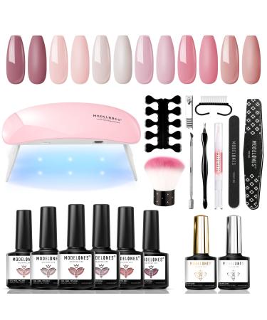 Modelones Gel Nail Polish Kit Starter with U V Lamp Portable LED Dryer Lamp 6 Colors Soak Off Pastel Pink Gel Nail Polish Set/Gel Top & Base Coat/Essential Manicure Tools Nail Art Kit for Beginner Peach Blossom