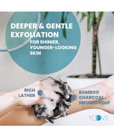 Bamboo Charcoal Infused Loofah Back Scrubber Set for Men & Women | Exfoliating Shower Sponge | Includes 1 Stick Loofah, 1 Luffa Pouf, and Hanging Hook - Black - Buy Online on SooperMarket.com