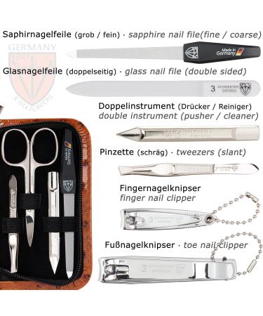 Buy Three Swords 8 pcs Manicure Set 'Roma' - High Quality Nail Care in Cognac Leather Case | Includes Scissors Clippers Tweezers & Glass Files - Buy Online on SooperMarket.com