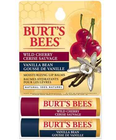 Burt's Bees Moisturizing Lip Balm for Dry Lips 100% Natural Origin Vanilla Bean & Wild Cherry - 2 Tubes 2 Count Value Pack