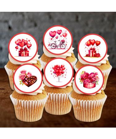 PRECUT Red Valentines Day Cupcake Toppers Love You Edible Cake Topper Edible Valentine Cake Decorations Proposal Decorations Engagement Cake Decoration Cute Anniversary Cake Toppers (12)