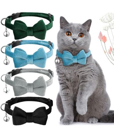 4 Pieces Cat Bow Tie Collar with Bell Breakaway Cat Collar Comfortable Velvet Cat Collar with Cute Safety Pet Collar for Pet Kitten Puppy Medium Black, Gray, Dark Green, Blue