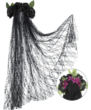 E-More Halloween Headband with Black Lace Veil Elastic Rose Flower Hair Band Black Roses Mesh Lace Hair Accessories Halloween Ghost Bride Party Headdress for Girls Ladies Women - Buy Online on SooperMarket.com