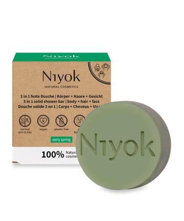 Niyok 3 in 1 Solid Shower Gel Shampoo Facial Cleansing Vegan Organic Plastic-Free Normal to Fine Hair Like Soap Only Skin-Neutral pH 5.5 Natural Cosmetics Early Spring (80 g)