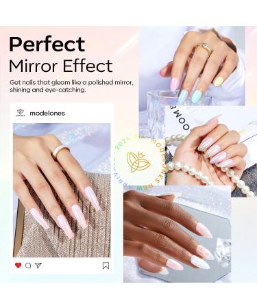 Modelones Chrome Nail Powder Set - White Pearl Effect 4Pcs Powder, Silicone Brush, Cotton Swabs & Color Display Sticks - Buy Online on SooperMarket.com
