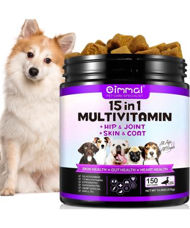 15 in 1 Dog Multivitamin Treats 150 Chews Vitamins Supplements for Dogs Hip & Joint Supplements Immune System Skin & Coat Gut Health Vitamins for Dogs of All Ages & Breeds Duck Flavor
