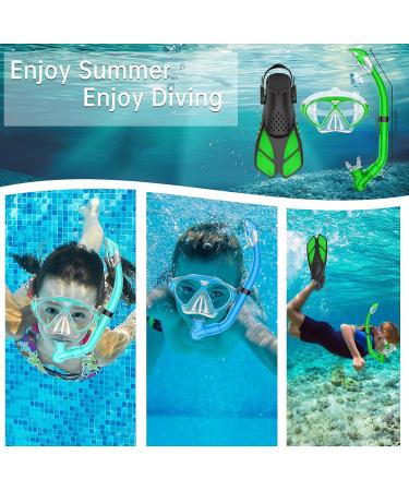 WANFEI Kids Mask Fin Snorkel Set - Dry Top Snorkel, Diving Flippers, Panoramic View Diving Mask - Green | Snorkeling Gear for Boys and Girls - Buy Online on SooperMarket.com