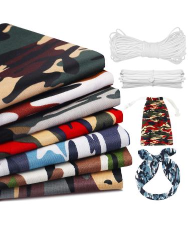 JOYXEON Camouflage Cotton Fabric 7 PCS 18.8x18.8 Fat Quarter Army Camouflage Fabric 100% Cotton Camo Fabric with 50 PCS Nose Bridges Strip  10m Elastic Band for Dressmaking Quilting Sewing Patchwork