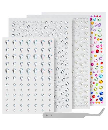 Rhinestones Stickers 4 Sheets Self Adhesive Rhinestones for Face Bling Jewel Stickers Crystal Gem Stickers for Crafts Makeup Face Hair Assorted Size with Tweezer