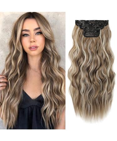 REECHO Hair Extensions 4PCS Clip in Hair Extensions Natural Soft Synthetic Hairpieces for Women Ash Brown with Platium Highlights 20 Inch-200 Gram (Pack of 4) Ash Brown with Platium Highlights