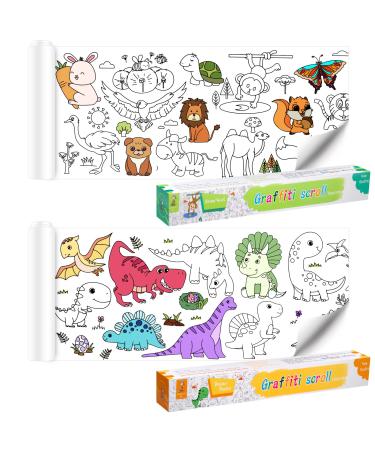 2Pcs Children's Drawing Roll,ASOUNY DIY Painting Coloring Paper Roll,118X14.9 Inch Upgrade Large Drawing Roll Paper for Kids,Sticky Toddler Coloring Art Paper,Wall Coloring Stickers(Dinosaur&Animal)